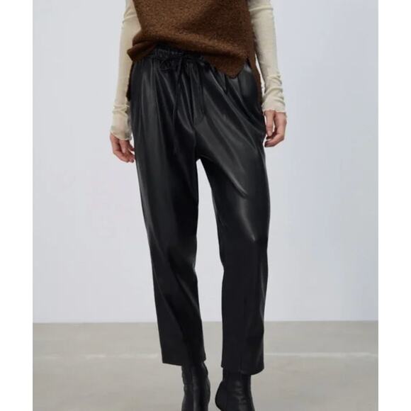 Zara Women's Black Faux Leather The Weekend Drawstring Pants Size Small - Picture 15 of 16